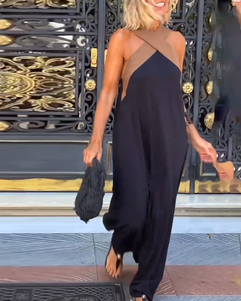 Cross-Backless Elegant Dress with Contrast Color
