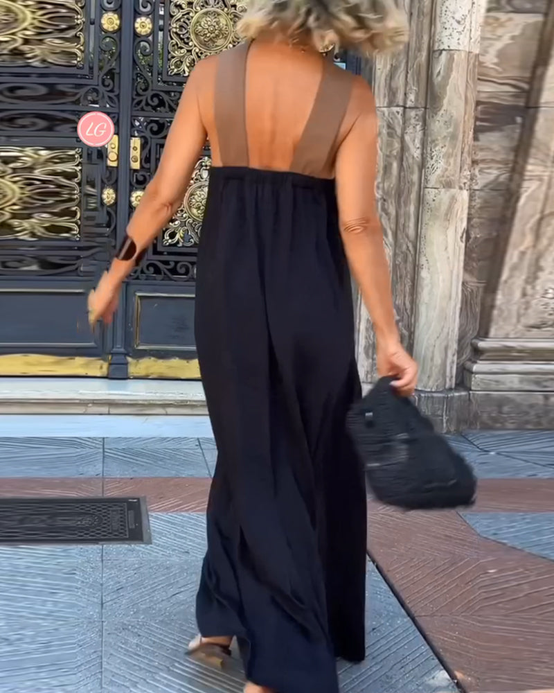 Cross-Backless Elegant Dress with Contrast Color