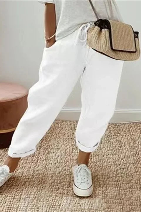 Yaron - Solid Pants with Slanted Pockets and Drawstring Waistband