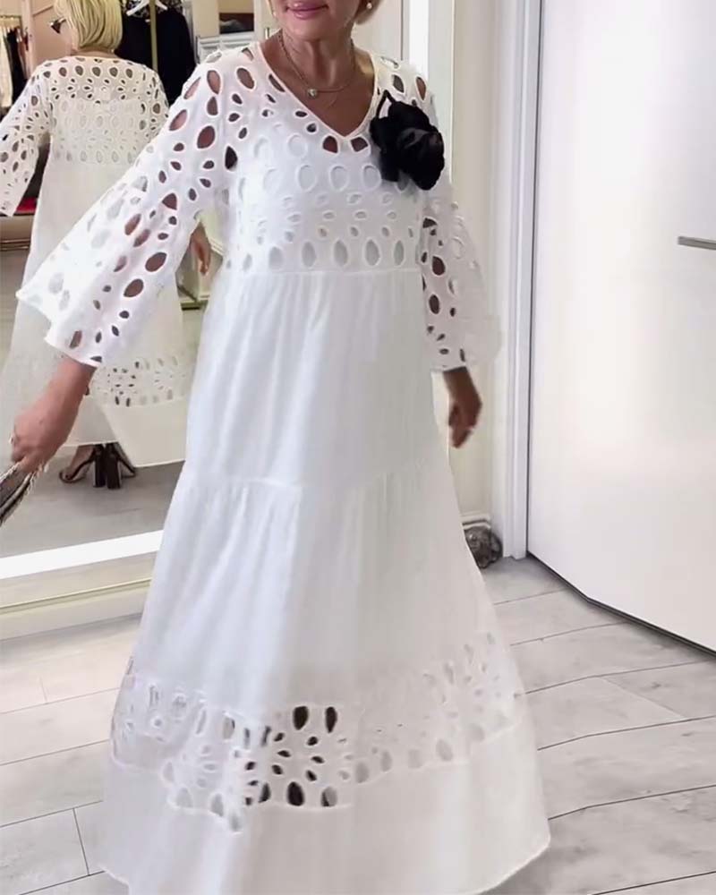 Vintessa™ - Elegant Solid Color Dress with Lace Holes