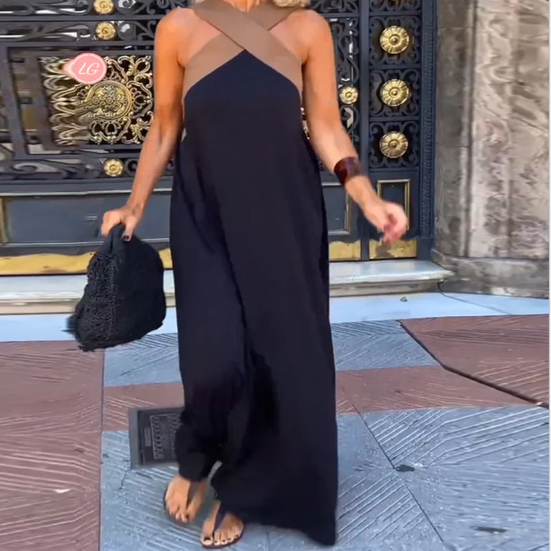 Cross-Backless Elegant Dress with Contrast Color