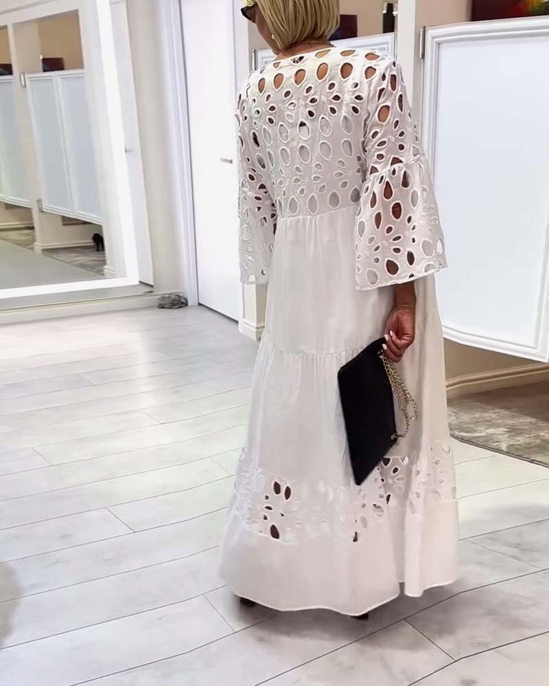Vintessa™ - Elegant Solid Color Dress with Lace Holes