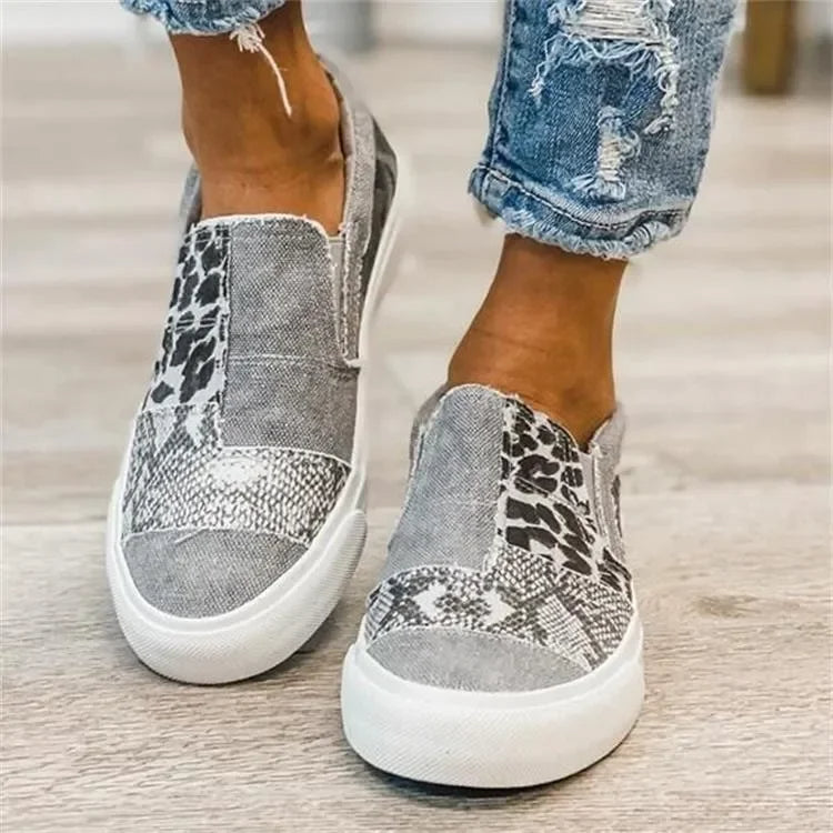 Sports Swag — Color-Block Canvas Slip-On Sneakers for Women – Leopard & Snake Print