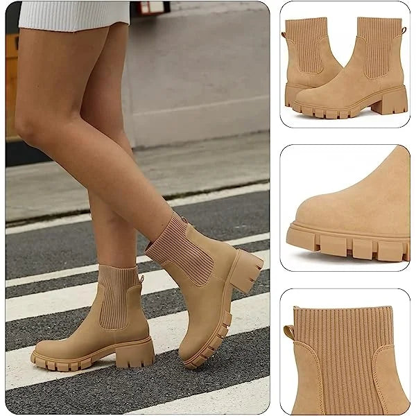 Elviora | Women’s Chunky Short Boots – Knitted Slip-On