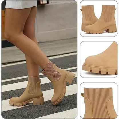 Elviora | Women’s Chunky Short Boots – Knitted Slip-On