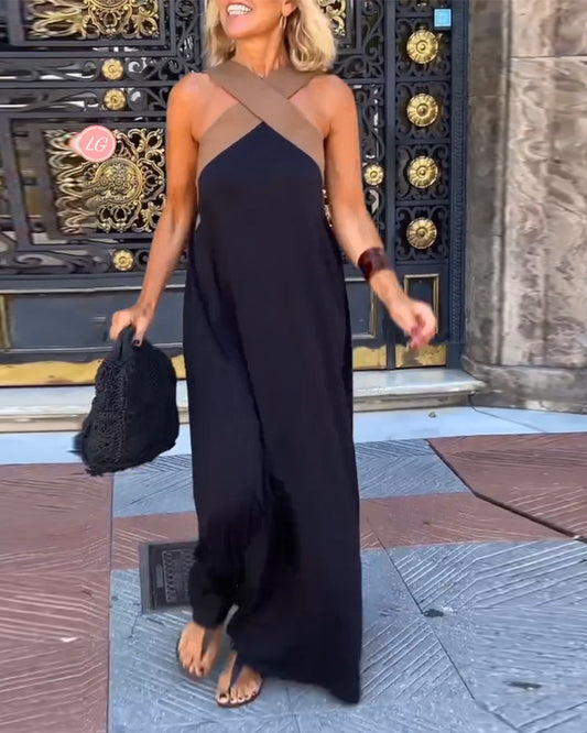 Cross-Backless Elegant Dress with Contrast Color