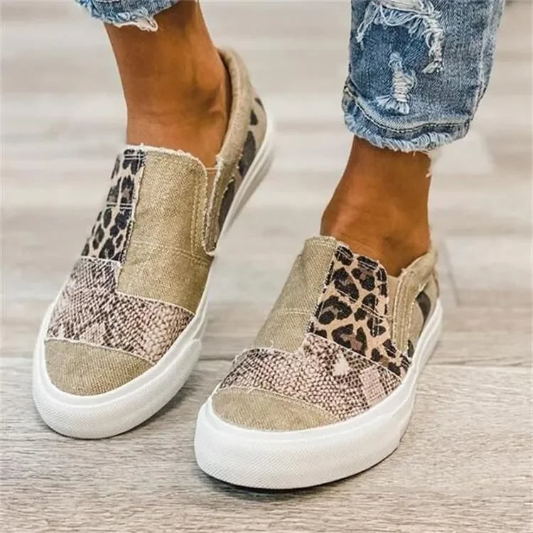 Sports Swag — Color-Block Canvas Slip-On Sneakers for Women – Leopard & Snake Print