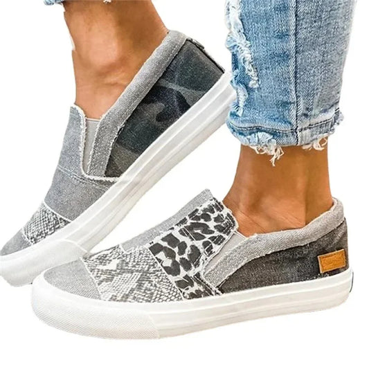 Sports Swag — Color-Block Canvas Slip-On Sneakers for Women – Leopard & Snake Print