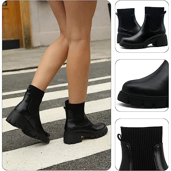 Elviora | Women’s Chunky Short Boots – Knitted Slip-On