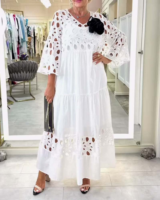 Vintessa™ - Elegant Solid Color Dress with Lace Holes