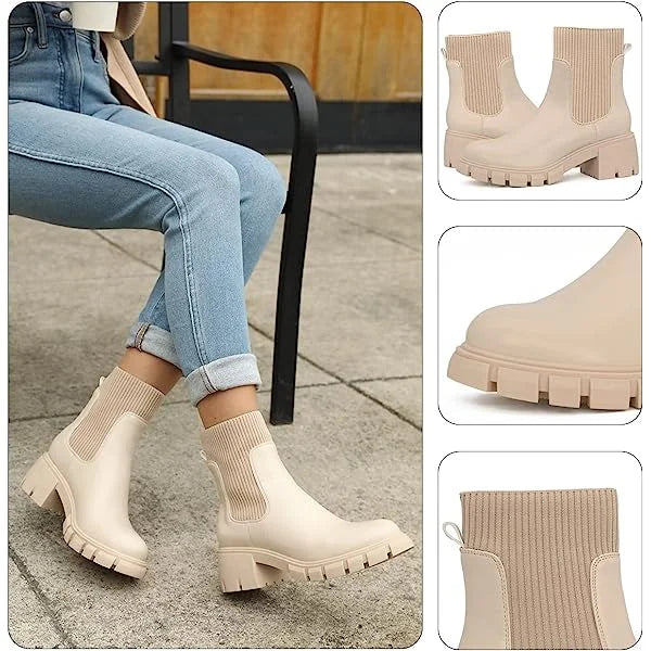 Elviora | Women’s Chunky Short Boots – Knitted Slip-On