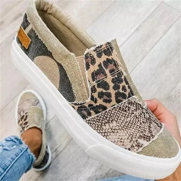 Sports Swag — Color-Block Canvas Slip-On Sneakers for Women – Leopard & Snake Print